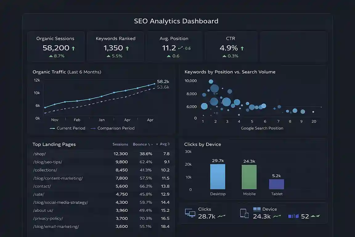 Organic search and content analytics dashboard built by an Australian SEO consultant