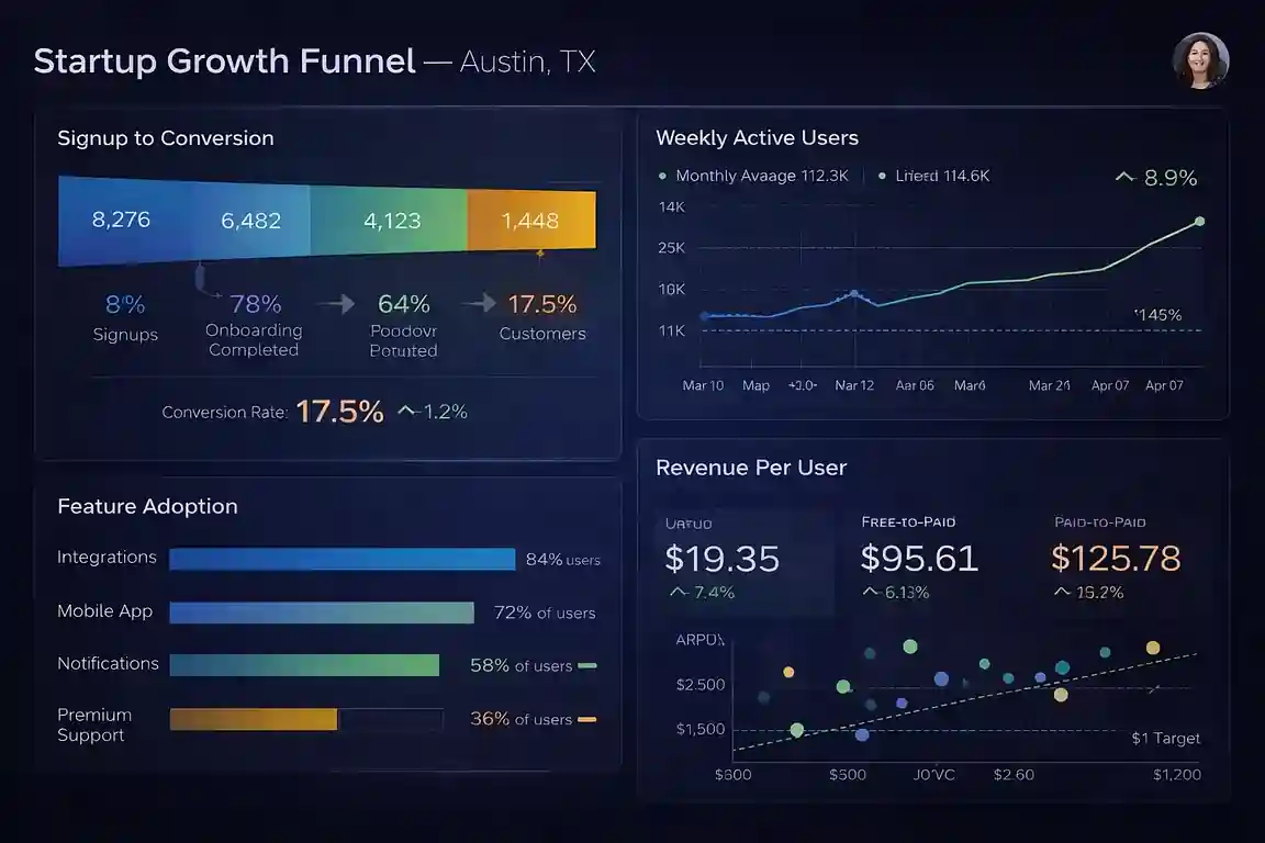 Startup growth funnel dashboard designed by an Austin, Texas analyst — activation, retention, and revenue metrics