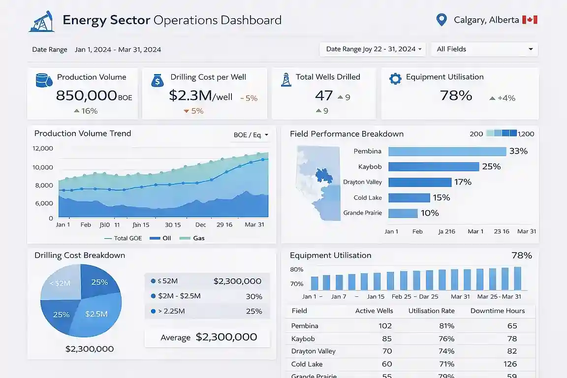 Energy sector operations dashboard built by a Calgary, Alberta Looker Studio consultant — production and cost tracking for AB companies