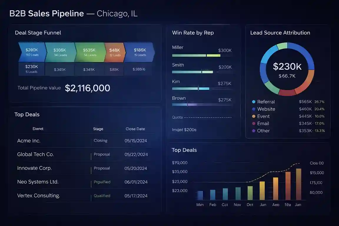 B2B sales pipeline dashboard built by a Chicago, Illinois consultant — Salesforce data in Looker Studio