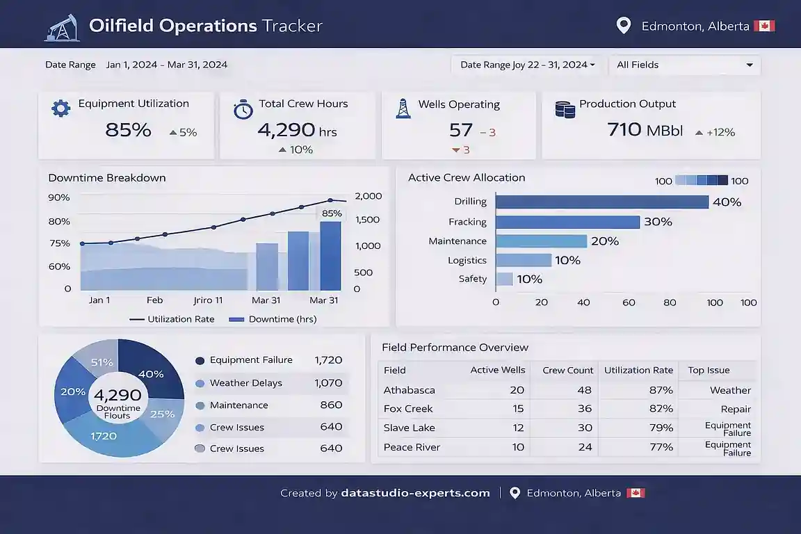 Oilfield operations tracker dashboard built by an Edmonton, Alberta Looker Studio consultant — equipment and crew analytics for Northern AB companies
