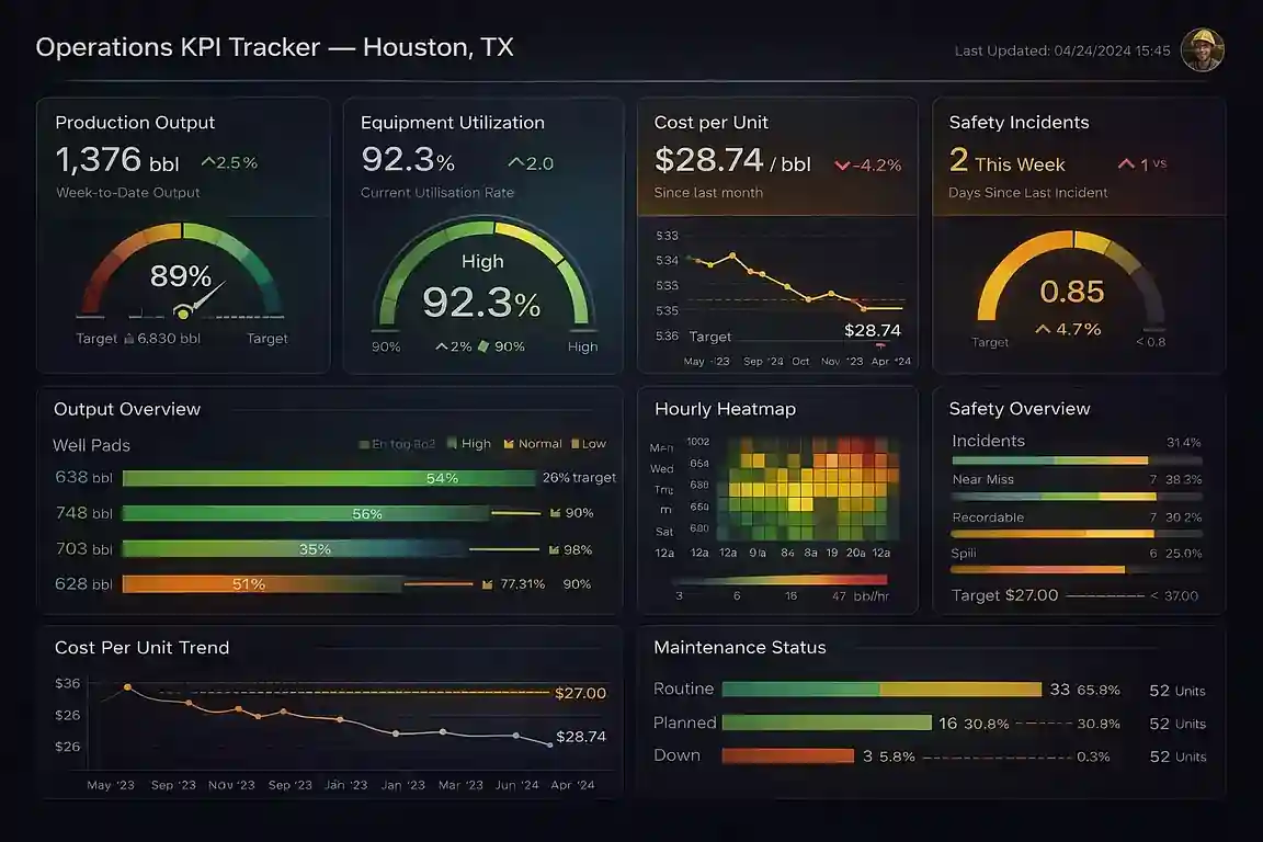 Operations KPI tracker dashboard built by a Houston, Texas data analyst — energy sector metrics and utilisation rates