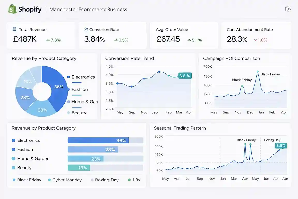 Ecommerce performance report built by a Manchester, England Looker Studio consultant — Shopify analytics for UK retailers