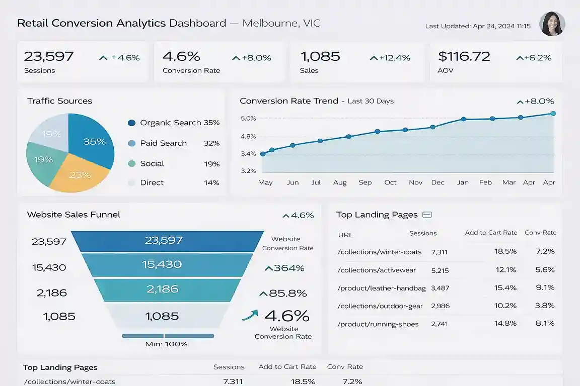 Retail conversion analytics dashboard built by a Melbourne, VIC Looker Studio consultant — ecommerce reporting for Australian brands