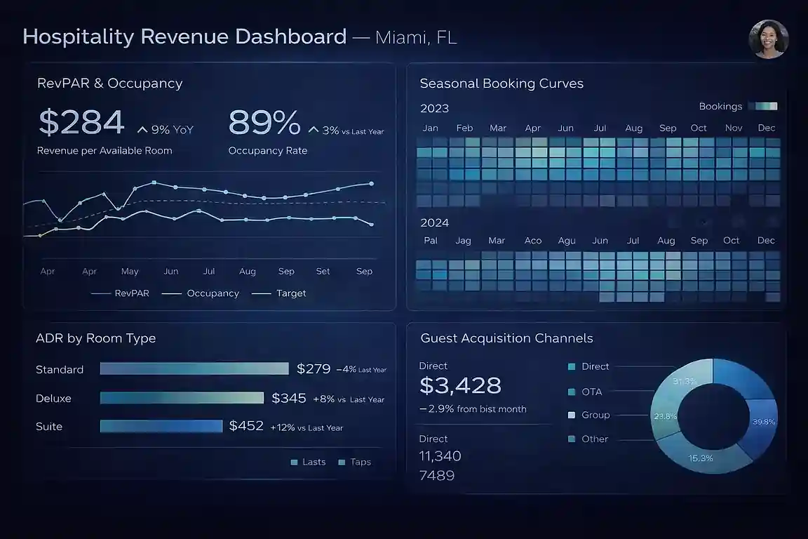 Hospitality revenue dashboard built by a Miami, Florida Looker Studio consultant — hotel and tourism analytics