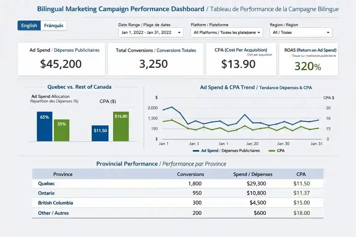 Bilingual EN/FR marketing dashboard built by a Montreal, Quebec Looker Studio consultant — dual-language analytics for Canadian companies
