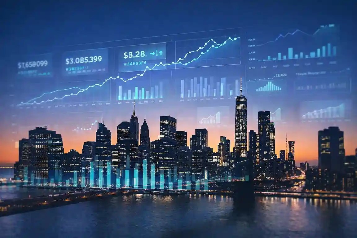 New York City skyline with data analytics overlay — hire Google Data Studio experts in NYC