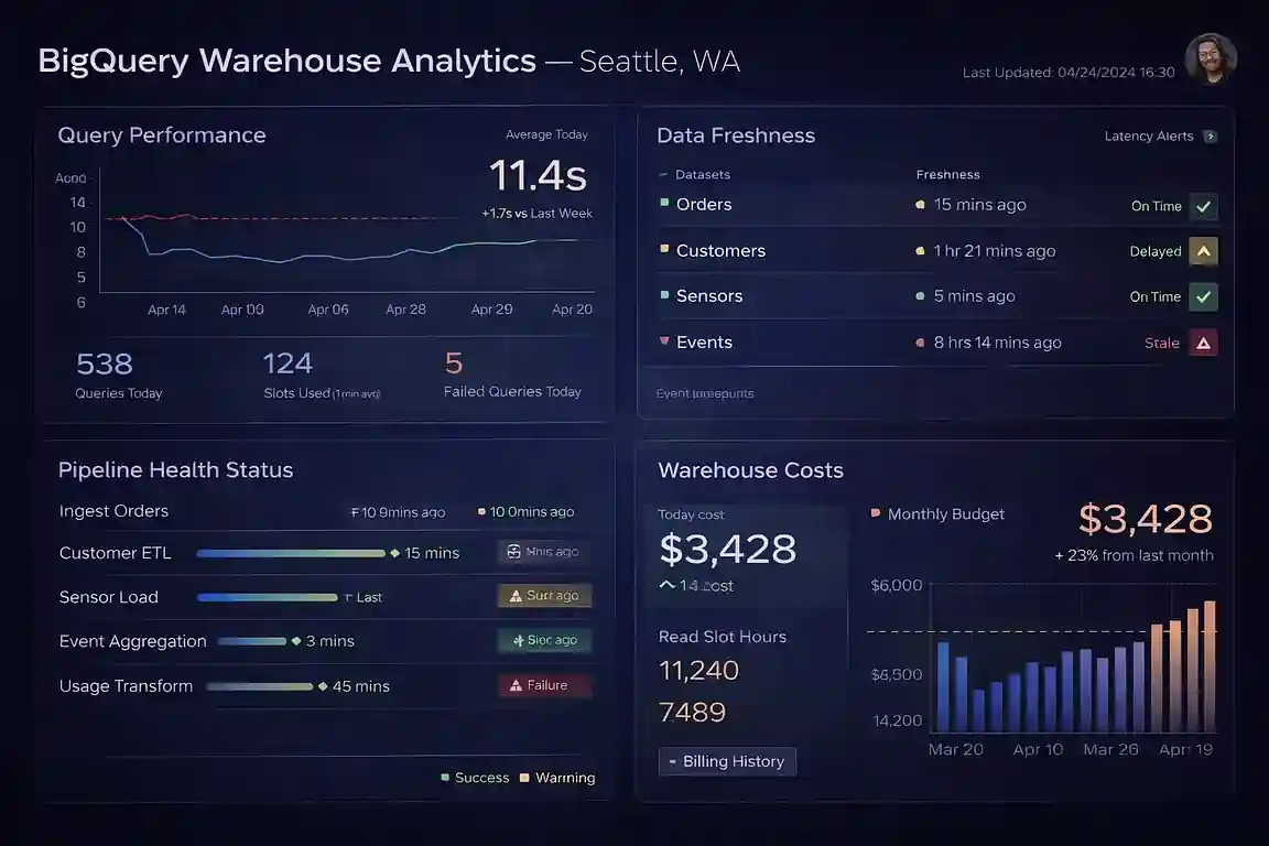BigQuery warehouse analytics report built by a Seattle, Washington consultant — cloud infrastructure metrics in Looker Studio