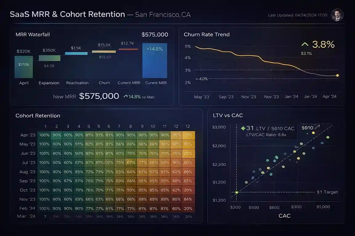 SaaS MRR and cohort retention dashboard built by a San Francisco, CA consultant — investor-grade Looker Studio reporting