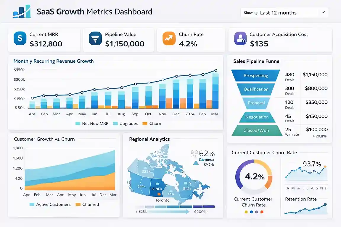 SaaS growth metrics dashboard built by a Toronto, Ontario Looker Studio consultant — MRR and pipeline analytics for Canadian companies