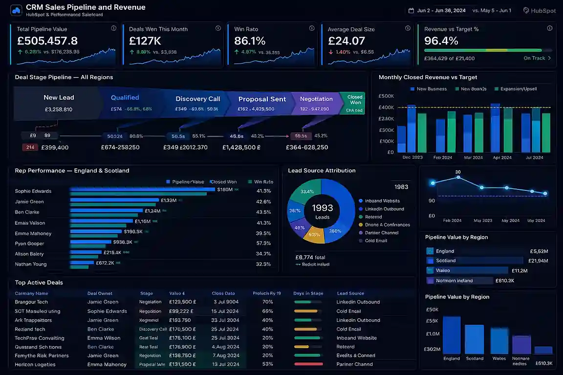 CRM pipeline and revenue dashboard built by a UK Looker Studio freelancer