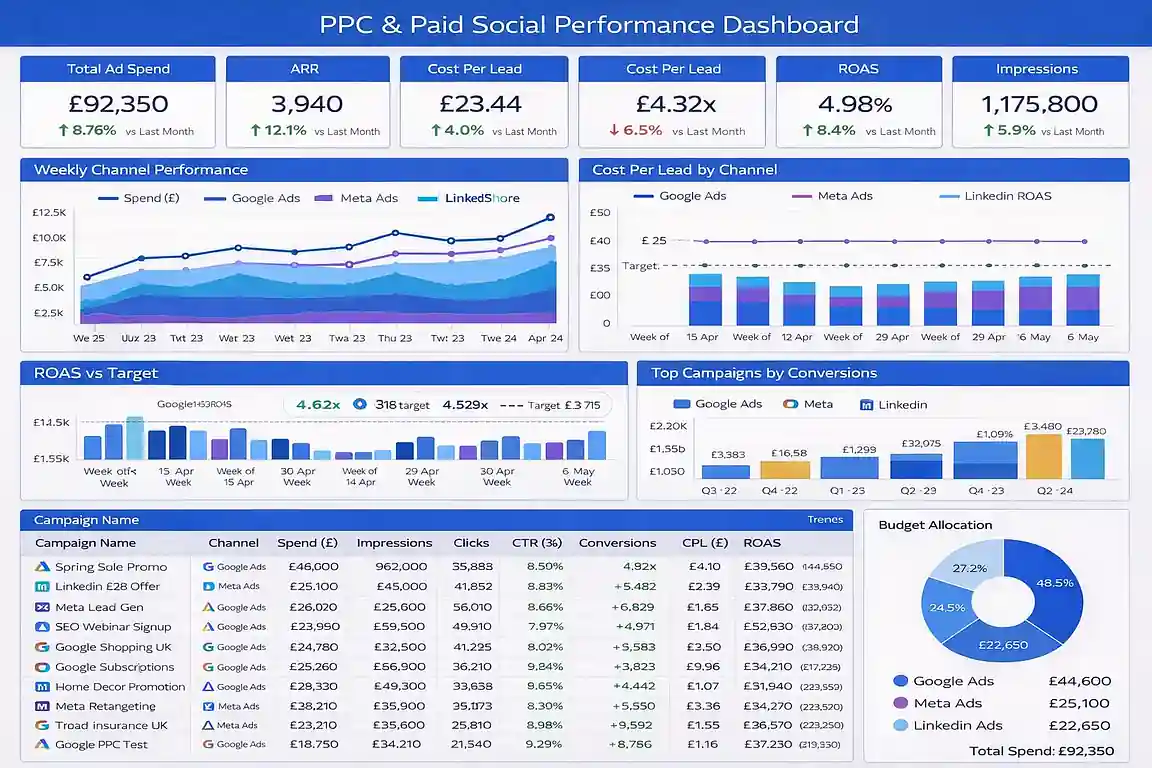 PPC and paid social performance dashboard built by a UK-based Looker Studio freelancer