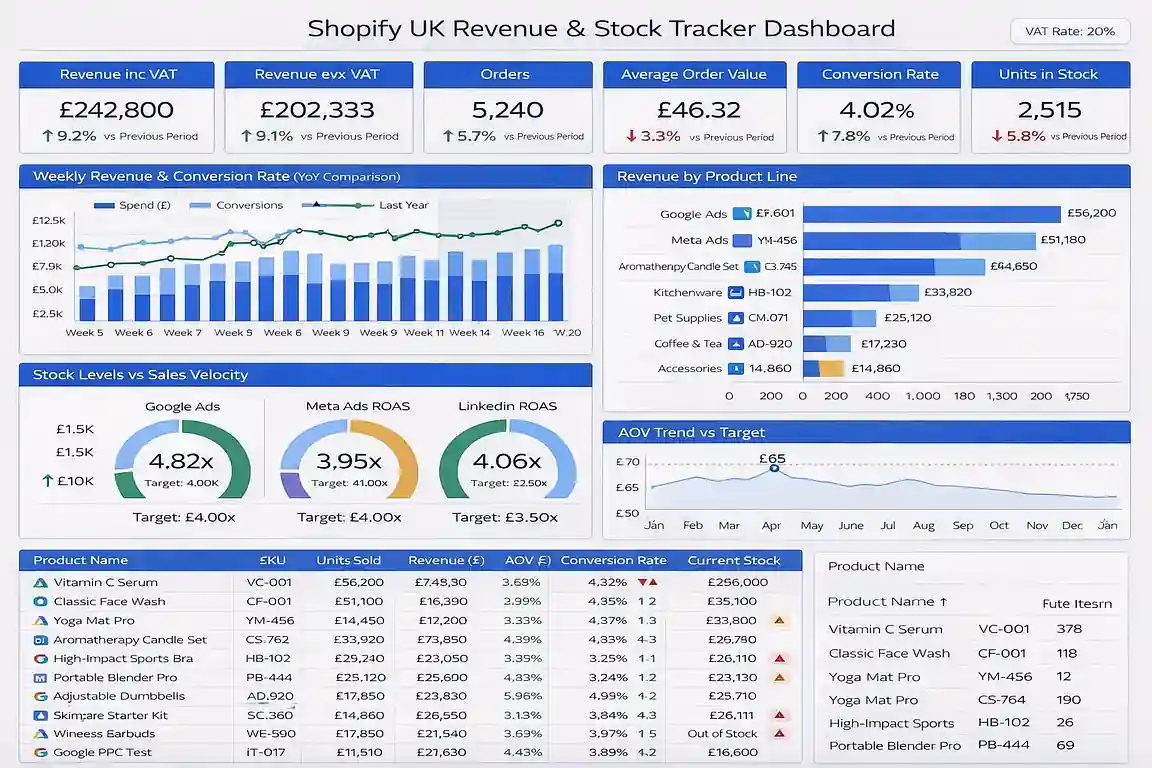 Shopify UK revenue and stock tracker dashboard built by a British data analyst