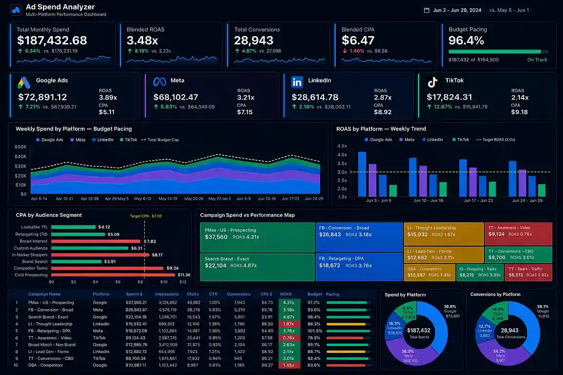 Google Ads and Meta Ads ROI dashboard built by a US-based Looker Studio freelancer