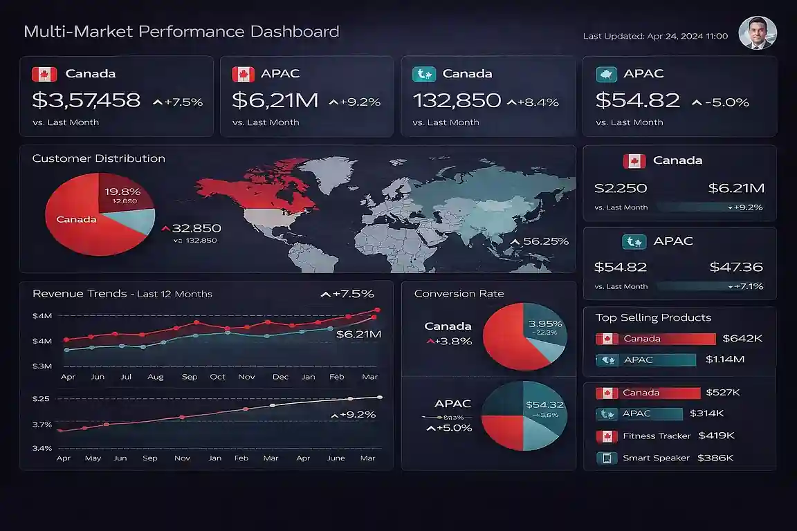 Cross-Pacific analytics report built by a Vancouver, BC Looker Studio consultant — multi-market dashboard for British Columbia companies